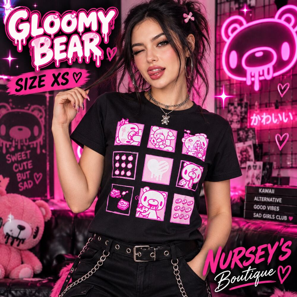 Gloomy Bear Snacks Grid Graphic T-Shirt XS Mori Chack Kawaii Goth NWT